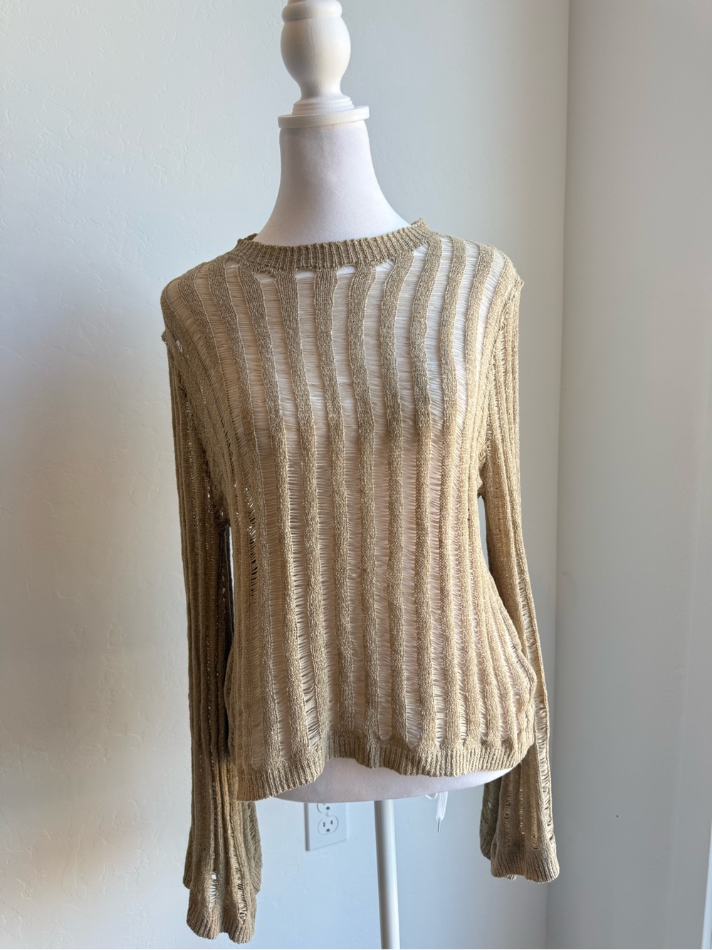 Sweet Rain Open-Knit Crew Sweater in Light Tan